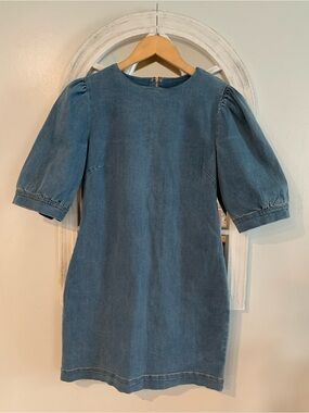 Aqua Light Blue Denim Mini Dress with Puff Sleeves